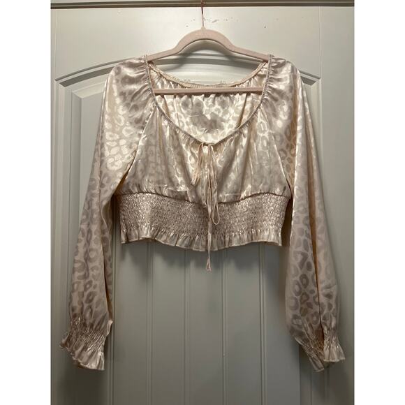 SHEIN Women’s Whimsical Leopard‎ Print Ruffle Smocked Cropped Top Size L Beige - Picture 1 of 3